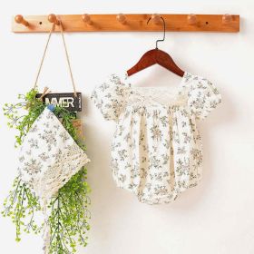 Baby Girl Floral Pattern Lace Patchwork Design Backless Bubble Sleeve Onesies With Hat (style: Short Sleeve, Size/Age: 90 (12-24M))
