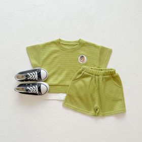 Baby Boys And Girls Bear Print Pattern Solid Color Design Round Neck Short-Sleeved Top Combo Shorts Sets (Color: green, Size/Age: 90 (12-24M))
