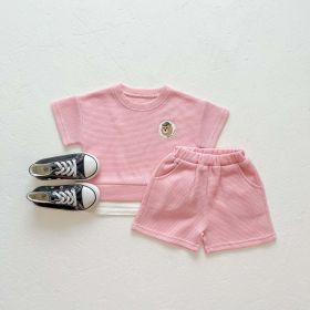 Baby Boys And Girls Bear Print Pattern Solid Color Design Round Neck Short-Sleeved Top Combo Shorts Sets (Color: pink, Size/Age: 73 (6-9M))