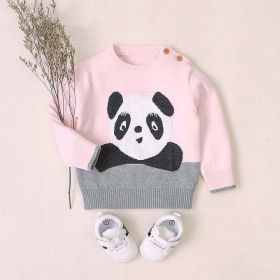 Baby Cartoon Panda Embroidered Pattern Contrast Design Cute Sweater (Color: pink, Size/Age: 100 (2-3Y))