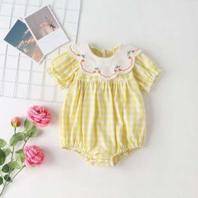 Baby Girl Plaid Pattern Floral Embroidery Round Collar Short-Sleeved Onesies (Color: yellow, Size/Age: 73 (6-9M))