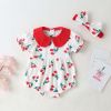 Baby Girl Cherry Print Pattern Round Collar Short-Sleeved Onesies In Summer Outfit Wearing