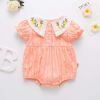 Baby Girl Floral Embroidery Design Solid Color Summer Short-Sleeved Onesies In Summer Outside Wearing