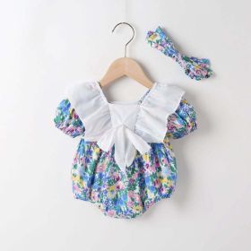 Baby Girl Floral Pattern White Bow Patchwork Square Neck Short Sleeve Onesies (Color: Blue, Size/Age: 73 (6-9M))