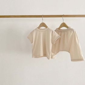 Baby Boys And Girls Solid Color Round Neck Short-Sleeved Top Combo Pants Sets Home Wear Pajamas In Summer (Color: Apricot, Size/Age: 73 (6-9M))