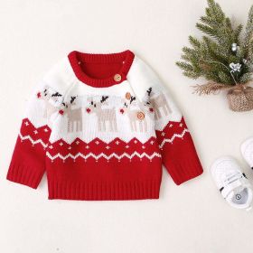 Baby Cartoon Christmas Deer Pattern Shoulder Button Design Knitted Pullover Sweater (Color: Red, Size/Age: 73 (6-9M))