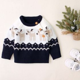 Baby Cartoon Christmas Deer Pattern Shoulder Button Design Knitted Pullover Sweater (Color: navy blue, Size/Age: 80 (9-12M))
