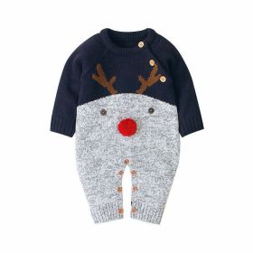 Baby Cartton Pattern Contrast Design Side Button Christmas Knitted Romper (Color: navy blue, Size/Age: 80 (9-12M))