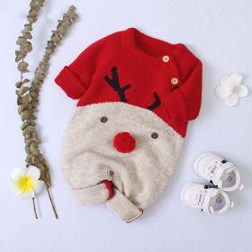 Baby Cartton Pattern Contrast Design Side Button Christmas Knitted Romper (Color: Red, Size/Age: 100 (2-3Y))