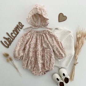 Baby Ditsy Flower Graphic Long Sleeves Flesh Style Cotton Bodysuit With Hat (Color: pink, Size/Age: 90 (12-24M))