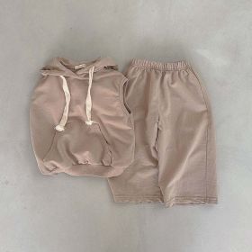 Baby Solid Color Sleeveless Hoodies With Pants Spring Sets (Color: Coffee, Size/Age: 90 (12-24M))