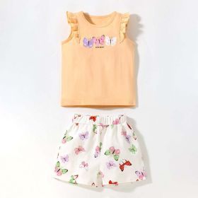 Baby Girl Cute Print Pattern Sleeveless Crewneck T-Shirt Summer Sets (Color: orange, Size/Age: 120 (5-7Y))