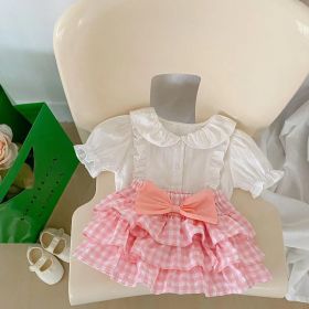 Baby Girl Solid Blouses Plaid Pattern Princess Skirt Sets (Color: pink, Size/Age: 80 (9-12M))