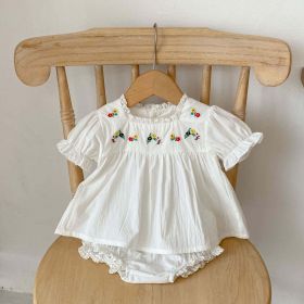 Baby Girl Floral Embroidered Pattern Tops With Shorts Sets (Color: White, Size/Age: 90 (12-24M))