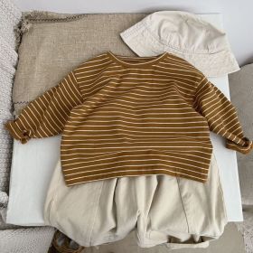 Baby Striped Pattern Long Sleeve Basic Unisex Tops (Color: brown, Size/Age: 90 (12-24M))