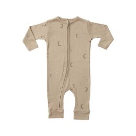 Baby Dinosaur & Floral Print Pattern Zipper Front Design Jumpsuit (Color: Coffee, Size/Age: 66 (3-6M))