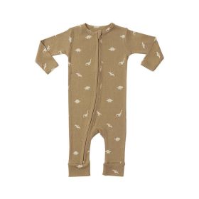 Baby Dinosaur & Floral Print Pattern Zipper Front Design Jumpsuit (Color: brown, Size/Age: 73 (6-9M))