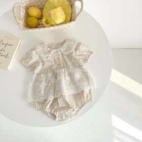 Baby Girl Floral Pattern Mesh Patched Design Princess Onesies Dress (Color: yellow, Size/Age: 80 (9-12M))