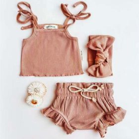 Baby Girl Solid Color Sling Triangle Shorts Sets (Color: pink, Size/Age: 80 (9-12M))