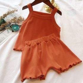 Baby Girl Solid Color Sleeveless Vest With Shorts Sets (Color: brown, Size/Age: 90 (12-24M))