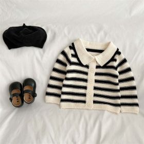 Baby Striped Pattern Lapel Knitted Cardigan With Pants Sets (Color: black, Size/Age: 73 (6-9M))