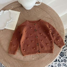 Baby Solid Color Fur-Ball Patched Design Cardigan (Color: brown, Size/Age: 90 (12-24M))