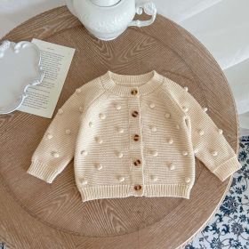 Baby Solid Color Fur-Ball Patched Design Cardigan (Color: Apricot, Size/Age: 80 (9-12M))