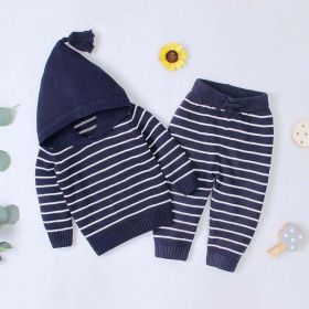 Baby 1pcs Striped Pattern Knitted Hoodie With Hat & Pants Warm Sets (Color: black, Size/Age: 90 (12-24M))