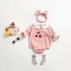 Baby Girl 1pcs Cherry & Slogan Pattern Doll Neck Longsleeve Onesies