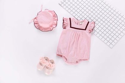 Baby 1pcs Contrast Tape Patched Frill Trim Sleeveless Onesies & Hat (Color: pink, Size/Age: 80 (9-12M))