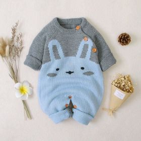 Baby 1pcs Cartton Bunny Graphic Contrast Design Shoulder Button Design Knitted Romper (Color: Blue, Size/Age: 73 (6-9M))