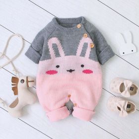 Baby 1pcs Cartton Bunny Graphic Contrast Design Shoulder Button Design Knitted Romper (Color: pink, Size/Age: 73 (6-9M))