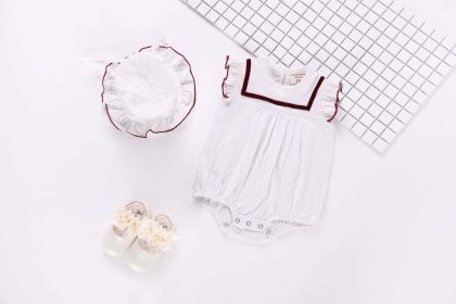 Baby 1pcs Contrast Tape Patched Frill Trim Sleeveless Onesies & Hat (Color: White, Size/Age: 90 (12-24M))