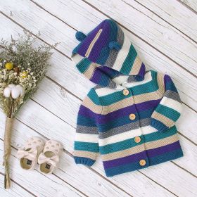Baby Colorful Striped Pattern Button Front Knitted Cardigan With Hat (Color: green, Size/Age: 73 (6-9M))