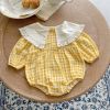 Baby Girl Yellow Plaid Pattern Ruffle Lapel Design Bodysuit