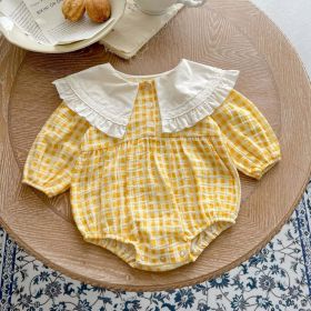 Baby Girl Yellow Plaid Pattern Ruffle Lapel Design Bodysuit (Color: yellow, Size/Age: 100 (2-3Y))