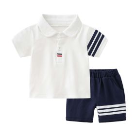Baby Boy 1pcs Side Striped Design Quarter Button Lapel T-Shirt Combo Medium Pants Sets (Color: White, Size/Age: 80 (9-12M))