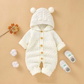 Baby 1pcs Cable Knitted Graphic Button Front Design Rompers With Hairball Patched Hat (Color: White, Size/Age: 66 (3-6M))