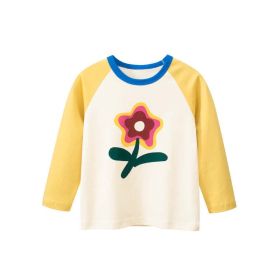 Baby Girl Floral Graphic Color Matching Sleeve Quality Long Sleeve Top (Color: yellow, Size/Age: 140 (8-10Y))