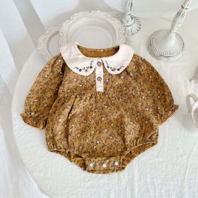 Baby Girl Floral Pattern Doll Neck Vintage Style Bodysuit (Color: yellow, Size/Age: 100 (2-3Y))