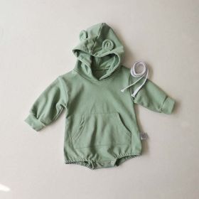 Baby 1pcs Solid Color 3D Bear Ears Patched Design Hoodie Triangle Cotton Bodysuit Onesies (Color: green, Size/Age: 80 (9-12M))