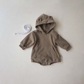 Baby 1pcs Solid Color 3D Bear Ears Patched Design Hoodie Triangle Cotton Bodysuit Onesies (Color: Coffee, Size/Age: 66 (3-6M))