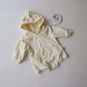 Baby 1pcs Solid Color 3D Bear Ears Patched Design Hoodie Triangle Cotton Bodysuit Onesies (Color: Beige, Size/Age: 90 (12-24M))