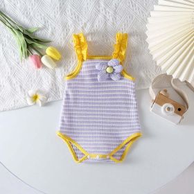 Baby Girl Striped Pattern Floral Patched Design Sling Onesies (Color: purple, Size/Age: 66 (3-6M))