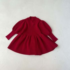 Baby Girl Solid Lantern-Sleeved Knitting Dress In Autumn (Color: Red, Size/Age: 59 (0-3M))