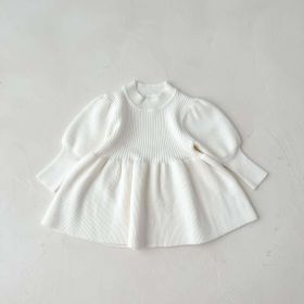 Baby Girl Solid Lantern-Sleeved Knitting Dress In Autumn (Color: White, Size/Age: 100 (2-3Y))