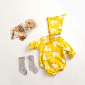 Baby 1pcs Cartoon Duck Print Button Front Rompers & Onesies With Triangle Hats (Color: White, Size/Age: 73 (6-9M))