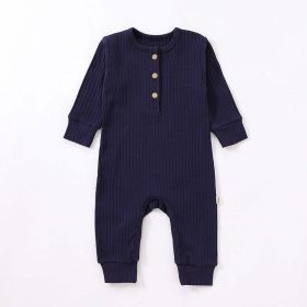 Baby Boy And Girl Solid Color Quarter Button Design Jumpsuit (Color: navy blue, Size/Age: 80 (9-12M))