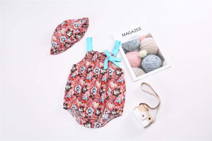 Baby 1pcs Allover Floral Print Bow Tie Patched Sleeveless Onesies & Hat (Color: Red, Size/Age: 73 (6-9M))