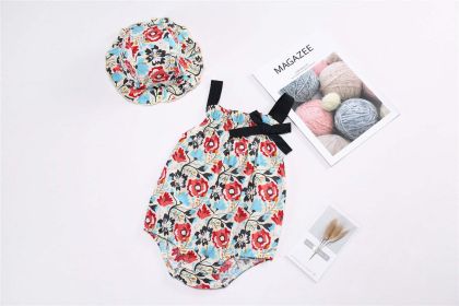 Baby 1pcs Allover Floral Print Bow Tie Patched Sleeveless Onesies & Hat (Color: Blue, Size/Age: 73 (6-9M))